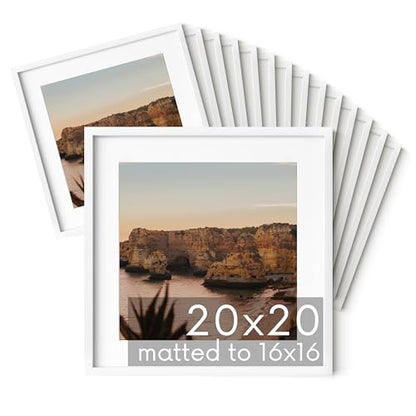 HAUS AND HUES 20x20 White Metal Picture Frames Matted to 16x16 - Features Premium Aluminum & Hanging Hardware, Shatterproof Plexiglass - Ideal for Home, Room, Office (20x20 in, White, Set of 15) - color: White Metal, size: 20x20 in, style: Set of 15