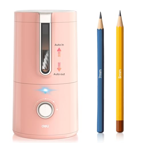 deli Electric Pencil Sharpener, Fully Automatic Pencil Sharpener for 6.9-8mm Pencils/Colored Pencils,5 Sharpness Modes,Auto in & Out,Rechargeable Hands-Free Sharpener for Classroom Home Office,Pink - color: Pink