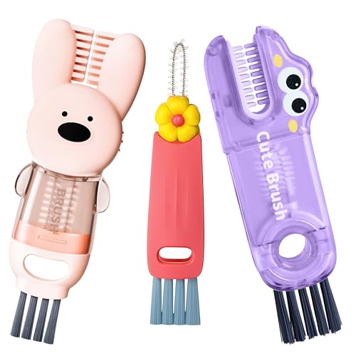 Cup Lid Cleaning Brush, 3 in 1 Lid Cleaner for Tumblers and Water Bottles, Gap Cleaning Brush with Straw Hole Detail Tool, Multifunctional Brush for Daily Use (Pink Purple) - color: Pink Purple
