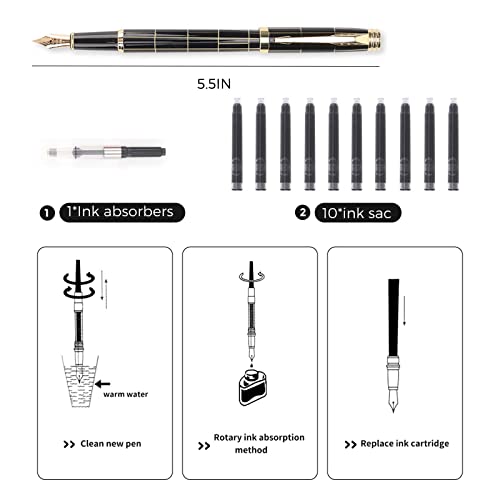 Tiankool Luxury Fountain Pen,Fine Nib, Exquisite Pen Gift Set for Men&Women-Includes 10 Ink Cartridges&Ink Converter- Nice Pens - Black - Gold Plaid - color: Black - Gold Plaid
