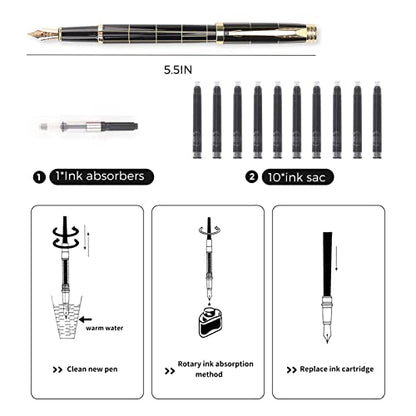 Tiankool Luxury Fountain Pen,Fine Nib, Exquisite Pen Gift Set for Men&Women-Includes 10 Ink Cartridges&Ink Converter- Nice Pens - Black - Gold Plaid - color: Black - Gold Plaid