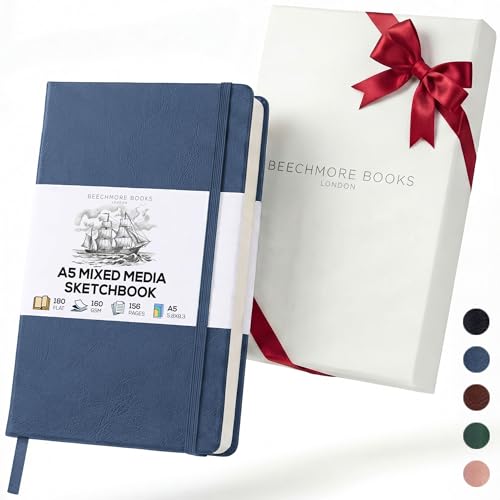 Beechmore Books A5 Mixed Media Sketchbook - 5.8"x8.3" Hardcover Lay-Flat Art Journal, 160 GSM / 98 lb Professional Perforated Paper, Gift Box, for Drawing, Ink and Light Watercolor - color: Symphony Blue, size: A5 - 5.8" x 8.3" Medium