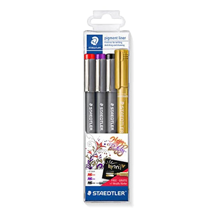 STAEDTLER 308 SWP3P Pigment Liner Fineliner Pens and Free Metallic Marker - Assorted Colours (Pack of 4)
