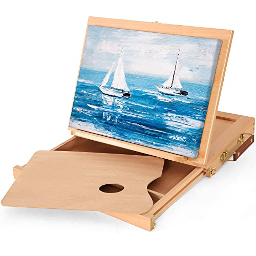 VISWIN Tabletop Easel with Storage Drawer & Palette, Adjustable Portable Beech Wood Sketch Box Table Top Easel for Painting, Desktop Travel Art Easel for Adults, Artists, Students - size: With 1 drawer & wood palette