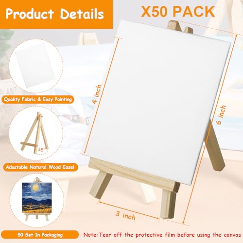 50 Pack Mini Canvas and Easel Set Bulk, 4x4 inch Small Canvases for Painting with Easels Stand, Mini Canvas Panels with Wood Easel Set for Students School Art Painting Party Supplies