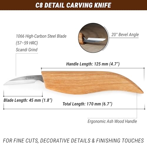 BeaverCraft Wood Chip Carving Knife C8 1.8" Sloyd Whittling Knife for Detail - Wood Carving Tools for Beginners and Kids