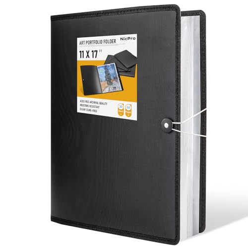 Nicpro 11"x17" Art Portfolio, 30 Pockets Display 60 Pages Art Portfolio Folder with Clear Plastic Sleeves, Artwork Storage Presentation Book for Artists, Painting Carrier Case - size: 11x17"