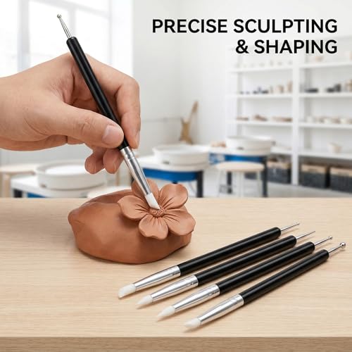 Tool Set, 5Pcs Double-Ended Clay Sculpting Tools with 5mm Black Handle Silicone Tips and Dotting Ends, Ceramic Pottery Carving Tools and Supplies for DIY Sculpture and Air Dry Clay