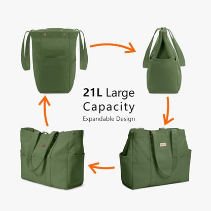 TOPDesign Large Canvas Tote Bag for Women, Shoulder Bag with Laptop Sleeve & Pockets, Everything Tote for Travel, Work (Green) - color: Green