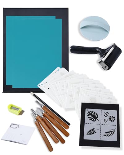 UCEC Linocut Kit for Printmaking - 38 Pcs Stamp Making Kit with 12 Wood Handle Carving Tools, A5 Linoleum Blocks, Brayer Roller & Baren - Complete Block Printing Starter Set for Adults & Beginners - color: Block Printing Kit-38 Pack