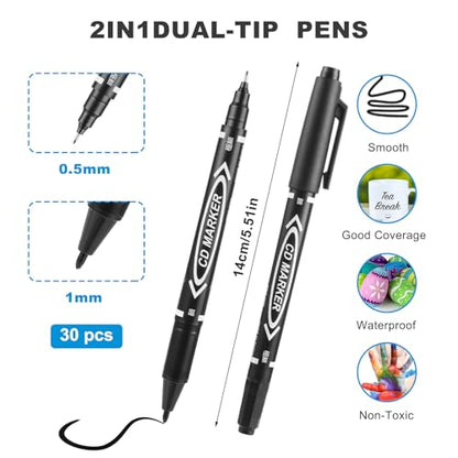 YUXIANLB Black Markers for Drawing, 30 Pack Dual Tip Brush Pens Permanent Marker Set for Art Drawing Sketching Writing Dooding Marking - size: 1 Count (Pack of 30)