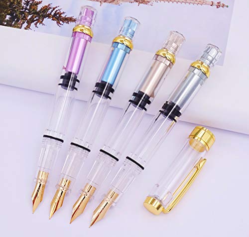 Lanxivi 4 Colors Yongsheng 3008A Fountain Pen Piston Filling Upgraded Fine Nib,Transparent Gold Trim - color: 3008A Gold Trim F