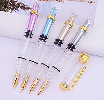 Lanxivi 4 Colors Yongsheng 3008A Fountain Pen Piston Filling Upgraded Fine Nib,Transparent Gold Trim - color: 3008A Gold Trim F