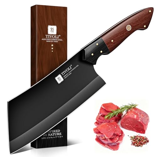 TIVOLI Meat Cleaver Knife 7inch - Black Butcher Knife for Meat Cutting - Japanese High Carbon Steel Cleaver for Vegetables Chopping - Kitchen Cooking Knives with Wooden Handle - Gift for Men and Women - size: 6.9"