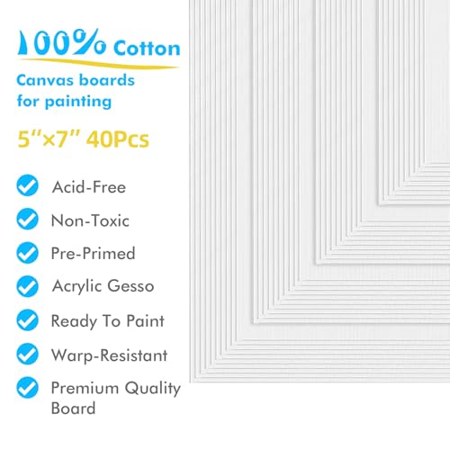 GOTIDEAL Bulk Canvases for Painting, 5 x 7 inch Value Pack of 40, Gesso Primed White Blank Canvas Boards - 100% Cotton Art Supplies Canvas Panel for Acrylic Paint, Pouring, Oil Paint, Gouache - size: 5x7 inch