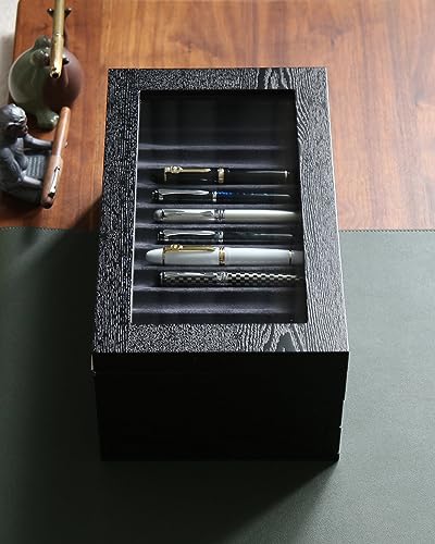 Pen Display Case with 36 Pen Slots, Fountain Pen Case, Wood Pen Storage Organizer, Pen Box Display for Men Gift, Pen Display Box with Glass Window(black ash veneer finish, dark gray velvet) - color: black 36 slots, gray velvet