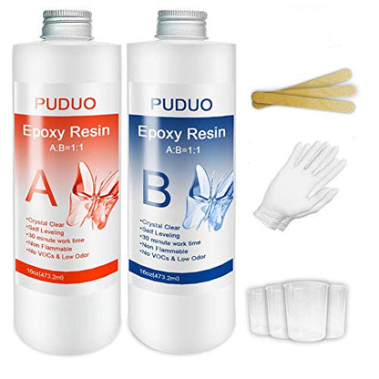 Epoxy Resin Casting and Coating Kit for Art, Jewelry, Crafts - 32 Oz | Bonus 4 pcs Graduated Cups, 3pcs Sticks, 1 Pair Rubber Gloves by Puduo - size: 32OZ