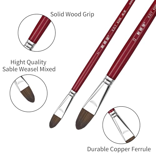 XDT#6106 Filbert Artist Paint Brush 6 Piece Set Medium Soft Red Sable Weasel Mixed Extra Long Handle #2#4#6#8#10#12, Acrylic Oil Watercolor - size: Filbert Red Sable 6Pc