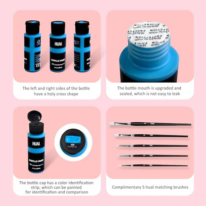 HUAL Acrylic Paint Set With 5 Brushes, 24 Colors (60ml, 2oz) for Artists Kids Beginners & Painters,Model/Canvas/Rock/Fabric/Glass/Stone/Ceramic/Wood Painting, Non Toxic - color: Black Bottle (Most Popular)