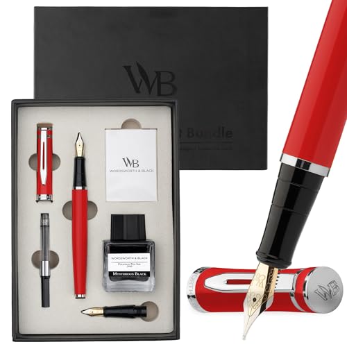 Wordsworth & Black Fountain Pen Set,18K Gilded Medium and Extra Fine Nib,25ML Black Ink Bottle,6 Ink Cartridges,Refill Converter, Gift Box, Smooth Writing Pens [Red Chrome],Gift Set for Men and Women - color: Red Chrome