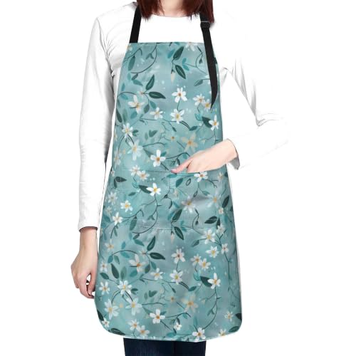 Fresh Meadow Floral Waterproof Apron with Pockets | Housework Aprons for Men Women Adjustable Bib Apron for Cooking Kitchen Baking BBQ Painting Garden Oil Resistant - color: Elegant Leafy Mix