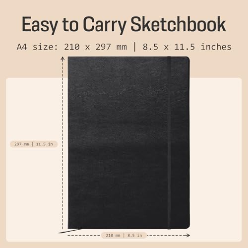 BROWNSTONE JOURNALS A4 Sketch Book Hardcover - 80 Sheets 100 GSM Paper 8.5"x11.5", Lay Flat, Vegan Leather Cover, Elastic Band, Back Pocket, Art Drawing Book (Charcoal Black) - color: Charcoal Black, size: A4 (8.5" x 11.5")