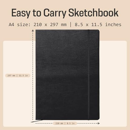 BROWNSTONE JOURNALS A4 Sketch Book Hardcover - 80 Sheets 100 GSM Paper 8.5"x11.5", Lay Flat, Vegan Leather Cover, Elastic Band, Back Pocket, Art Drawing Book (Charcoal Black) - color: Charcoal Black, size: A4 (8.5" x 11.5")