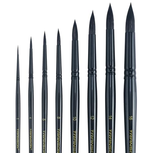 Transon 8pcs Round Watercolor Paint Brush Set Goat Hair for Watercolors,Acrylics,Inks,Gouache,Oil and Tempera Black Color - color: Black
