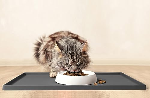 CatGuru Cat Food Mat, Small & Large Feeding Mats, 100% Waterproof Silicone Pet Placemat, Non-Slip Cat Food and Water Bowl or Water Fountain (Large, Carbon) - color: Carbon, size: L: 24" x 14"