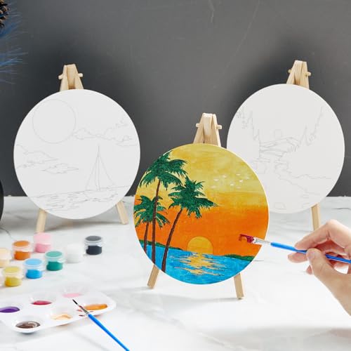 Supervitae 72 Piece Landscape Round Pre Drawn Canvas Kit 5.9" Paint and Sip Kit for Adults Painting Party Pre Printed Canvas DIY with Pictures Paints Easels Brushes for Party Gifts - size: 5.9", style: Landscape