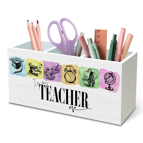 DILSJ Best Teacher Ever Gifts Pencil Holder Organizer for Desk, Teacher Graduation Gifts,Thankful Teachers of the Year Gifts Wooden Box Signs for Women Desk Tabletop Decoration School Supplies - color: Teacher era