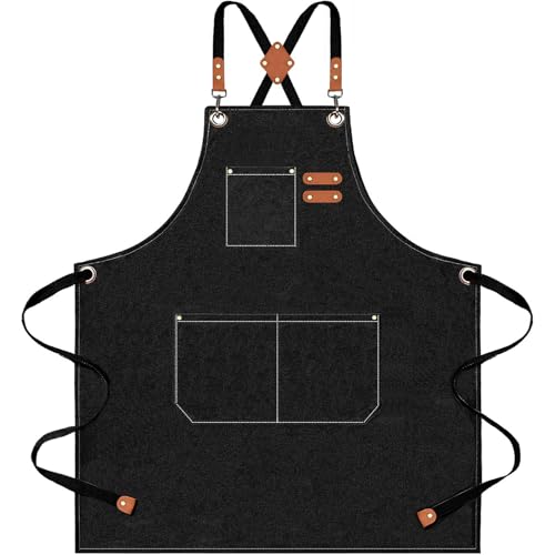 AFUN Aprons for Men Women with Large Pockets, 16-Ounce Cotton Canvas Cross Back Apron - color: Black