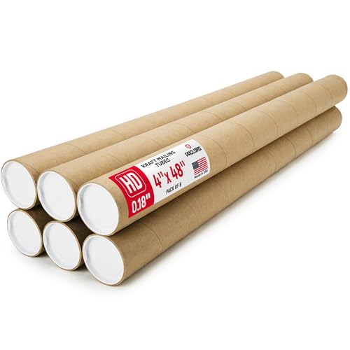 4" x 48" Heavy-Duty Reinforced Cardboard Mailing Tube, Pack of 6 Tubes with 12 Caps – Secure USPS Approved – Great for Shipping and Storing of Prints, Artwork, Posters or Documents - size: 4" x 48", style: 2X Heavy-Duty