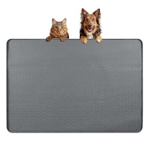 Dog Food Mat 34''x22'' Extra Large Dog Mat for Food and Water, Dark Grey | Silicone Dog Bowl Mat with Raised Edge, Waterproof Non-Slip Pet Feeding Mat for Floors, fit for Dog Cat Bowls - color: Dark Grey, size: 34"L x 22"W