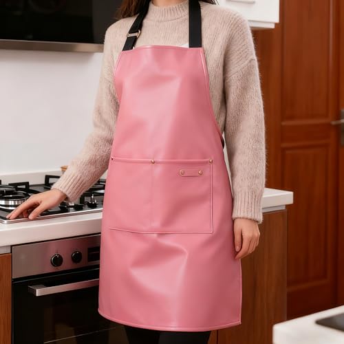 eywlwaar PU Waterproof Apron with 2 Big Pockets Adjustable Oil Proof Apron for Kitchen Dishwashing Cooking 29.92"x 26.77" - color: Pink