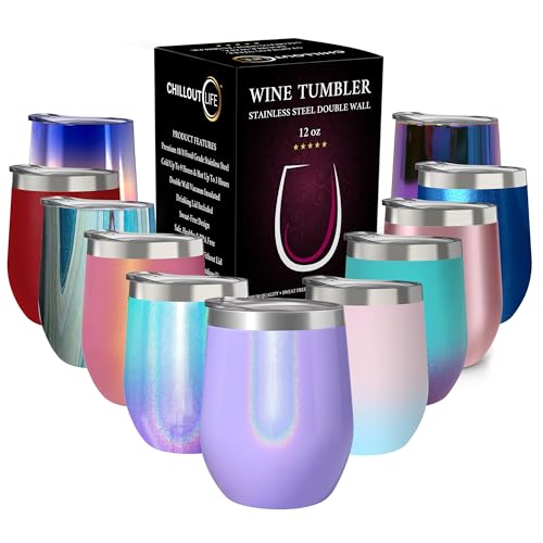 CHILLOUT LIFE 12 oz Stainless Steel Wine Tumbler with Lid - Double Wall Vacuum Insulated Wine Cup Glass Keeping Cold & Hot for Coffee, Champagne, Cocktails, Ice Cream - Purple Sparkle - color: Purple Sparkle, style: 1 Pack