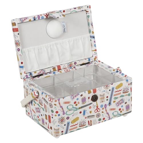 Hobby Gift Medium Sewing Box Organiser, Fabric Covered Storage Box with Handle, Internal Tray, Pin Cushion and Pocket for Sewing, Quilting and Knitting Supplies - color: Haby Notions