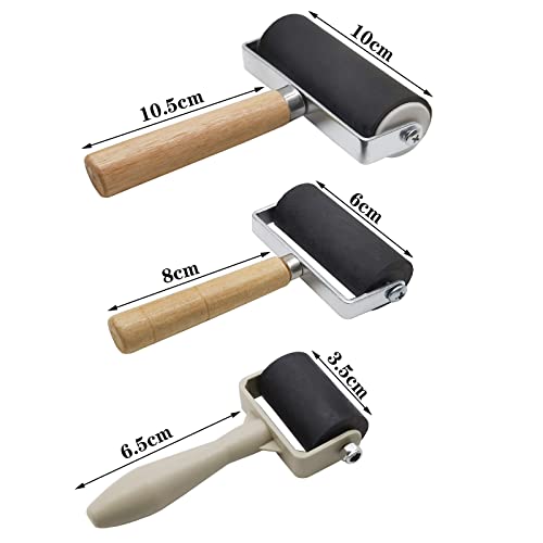 3 Pack Rubber Brayer Roller,1.4/2.4/4 Inch Hard Rubber Brayer Rollers,Art Craft Roller for Printmaking,Ink,Wallpapers Stamping Gluing