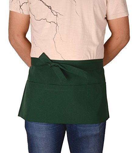 Resist water 3 big Pockets Waist Server Apron Kitchen Restaurant Unisex Half Aprons - color: Dark Green