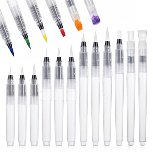12 Pcs Refillable Watercolor Pens Assorted Tips Paint Brush Portable Leak-Proof Water Brush Pen Set for Blending Calligraphy Coloring Aquarelle Gouache Acrylics, Pointed & Flat Tip