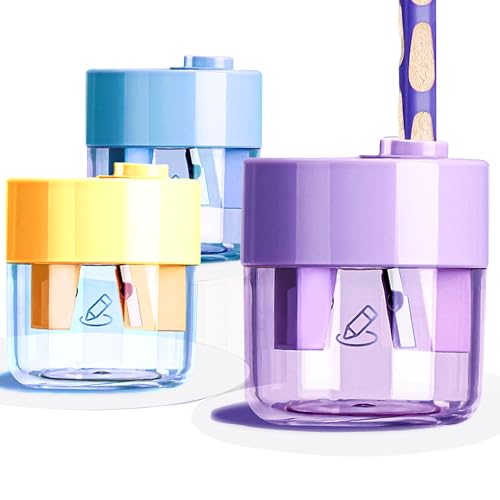 3 Pack Manual Pencil Sharpeners, Double Hole Design with Shavings Container, Portable Colored Pencil Sharpener for Classroom, Office, Back to School Supplies - color: Blue, Pink, Yellow, size: 3