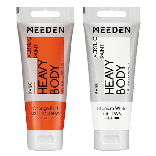 MEEDEN Acrylic Paint Orange Red: 100ml/3.38oz Heavy Body Acrylic Paint Tube Bundled with Additional Titanium White Color for Art Craft Painting - color: Orange Red, size: 2 Tubes