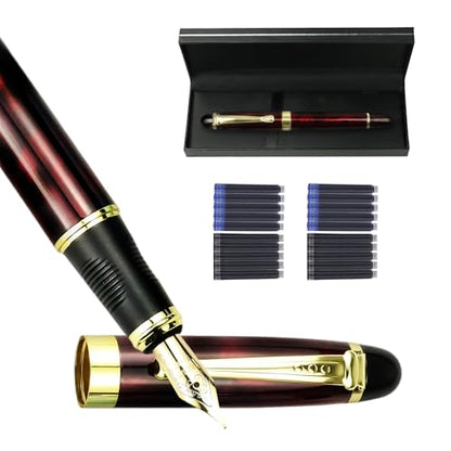 YUNCHUN Marble Fountain Pen for Writing, Refillable Luxury Metal Pens with Ink Pen with 10 Black and 10 Blue Ink Refills, Business Writing Fountain Pen for Men and Women, Marble Black & Red - color: Marble Black & Red