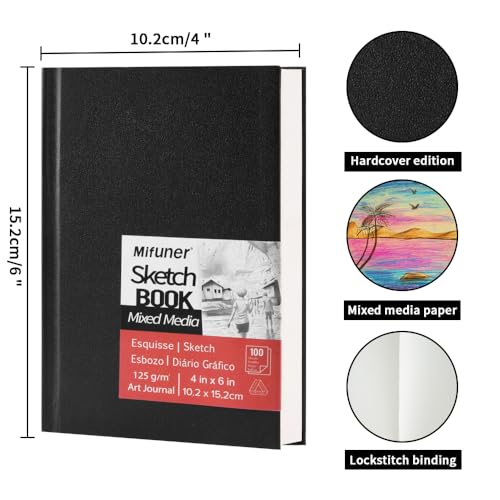 E-WEICHEN Mixed Media Sketch Pad, 4 x 6 inches 125 GSM (100 Sheets/200 Pages) Sketchbook for Drawing, Hardcover Mix Media Art Sketchbook for Wet and Dry Media,Painting,Drawing. 4X6 - color: 6x4in-Black