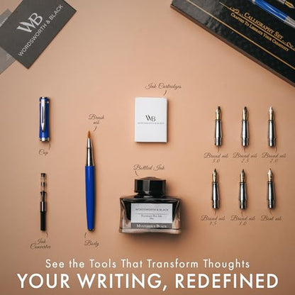 Wordsworth & Black Calligraphy Pen Gift Set, Includes Bottle, 6 Cartridges, Refill Converter, 6 Replacement Nibs, Premium Package, Journaling, Smooth Writing Pens [Blue Chrome] - color: Blue Chrome