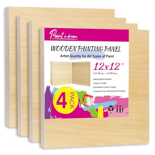 4 Pack 12x12 Basswood Wood Canvas Board – Studio 3/4'' Deep Cradled Wood Panels for Painting, Crafts, Oil & Resin Art - Sturdy Wood Painting Boards for Artists and DIY Crafters - size: 12x12" - 4Pack