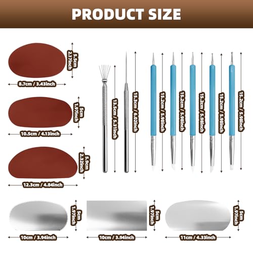 14 Pcs Pottery Clay Sculpt Tools, Silicone and Stainless Steel Squeegee with Detail Needle, Texture Needle, Cutting Cord, 5 Ceramic Double-Ended Pens for Sculpting Texturing Artists Modeling Potter
