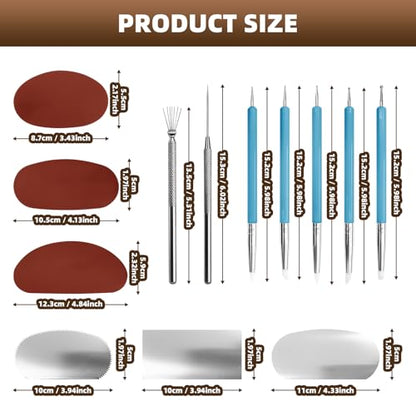 14 Pcs Pottery Clay Sculpt Tools, Silicone and Stainless Steel Squeegee with Detail Needle, Texture Needle, Cutting Cord, 5 Ceramic Double-Ended Pens for Sculpting Texturing Artists Modeling Potter