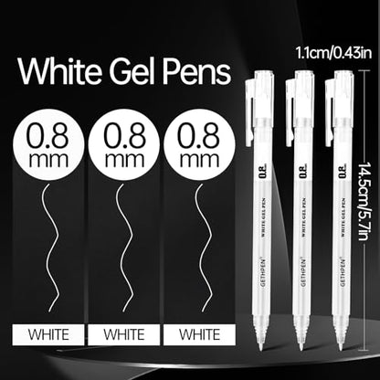 GETHPEN White Gel Pens, 0.8mm Fine Point Gel Ink Pen Set – 3 Pack Opaque Archival Ink for Black Paper Drawing, Sketching, Card Making & Bullet Journaling - size: 3 Count (Pack of 1), style: 3 Pack White