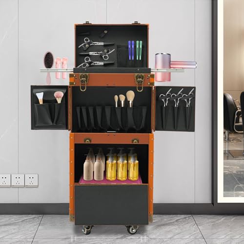 Hairdressing Makeup Case,Hairdressing Rolling Case,Hairstylist Traveling Organiser,Barber Makeup Train Tools Storage Case,Hair Makeup Salon Organizer with Wheels and Password Locks - color: Coffee Color